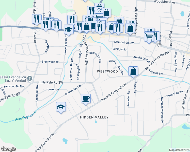 map of restaurants, bars, coffee shops, grocery stores, and more near 129 John Ross Drive Southwest in Rome