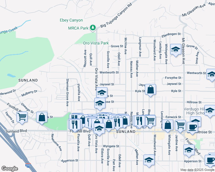 map of restaurants, bars, coffee shops, grocery stores, and more near 8318 Jayseel Street in Los Angeles