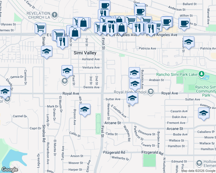map of restaurants, bars, coffee shops, grocery stores, and more near 1462 Windmill Way in Simi Valley