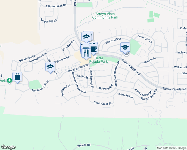 map of restaurants, bars, coffee shops, grocery stores, and more near 11816 Alderbrook Street in Moorpark