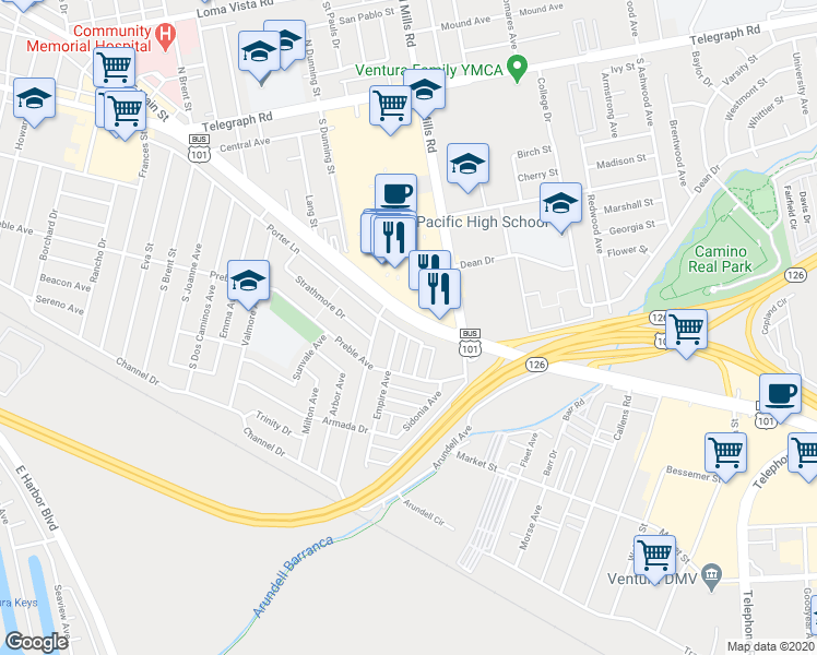 map of restaurants, bars, coffee shops, grocery stores, and more near 3345 Porter Lane in Ventura