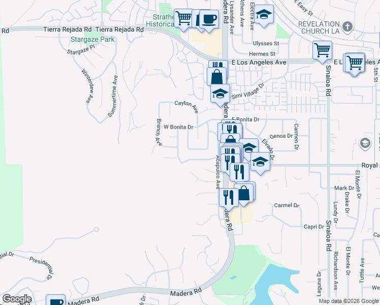 map of restaurants, bars, coffee shops, grocery stores, and more near 1613 Emeric Avenue in Simi Valley
