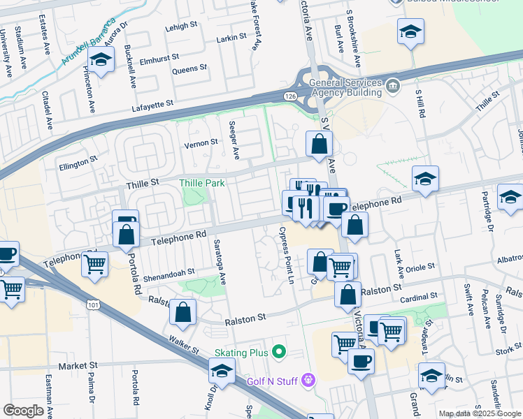 map of restaurants, bars, coffee shops, grocery stores, and more near 5611 Dorsey Street in Ventura