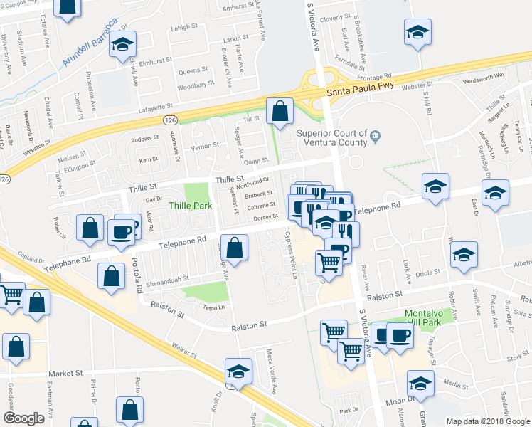 map of restaurants, bars, coffee shops, grocery stores, and more near 5611 Dorsey Street in Ventura
