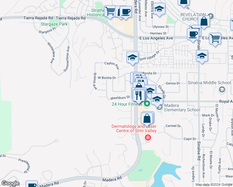 map of restaurants, bars, coffee shops, grocery stores, and more near 1605 Emeric Avenue in Simi Valley