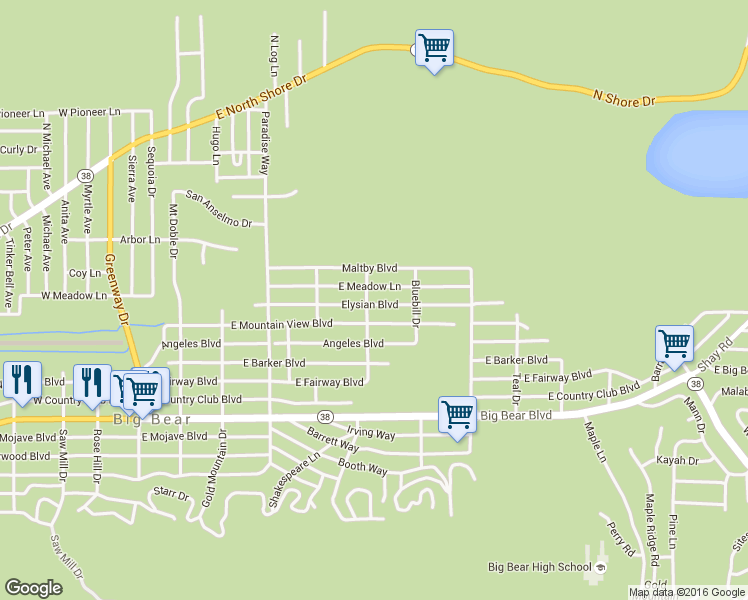 map of restaurants, bars, coffee shops, grocery stores, and more near 605 Elysian Boulevard in Big Bear