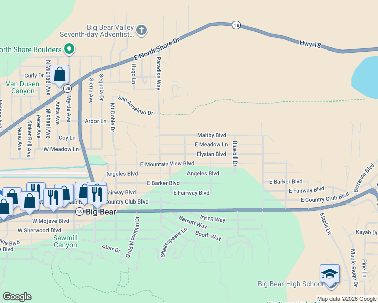 map of restaurants, bars, coffee shops, grocery stores, and more near 445 East Meadow Lane in Big Bear