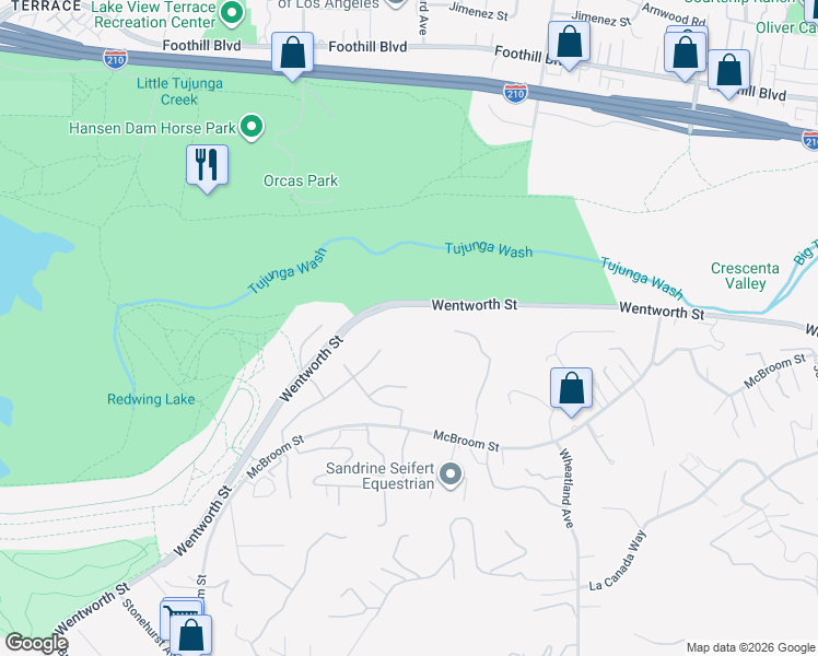map of restaurants, bars, coffee shops, grocery stores, and more near 10550 Wentworth Street in Los Angeles