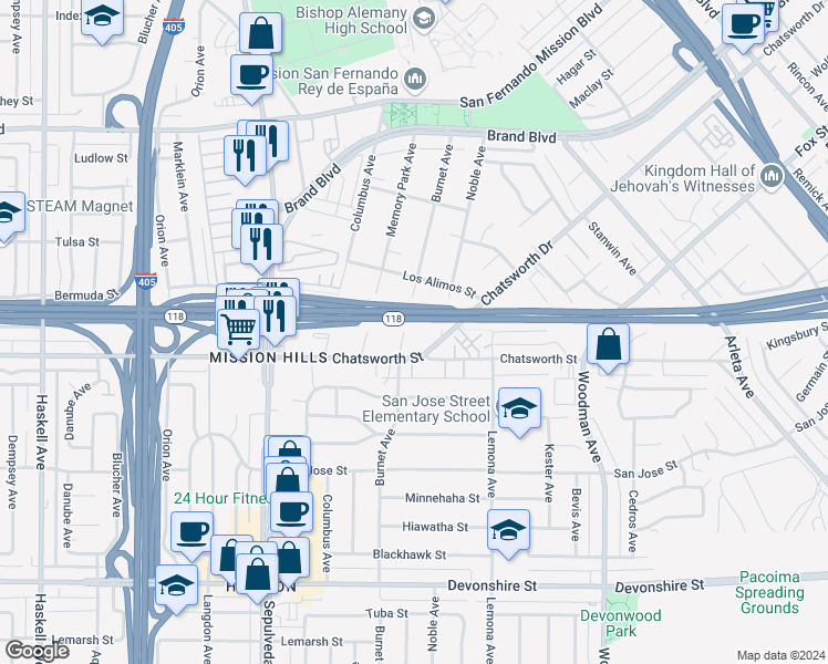 map of restaurants, bars, coffee shops, grocery stores, and more near 10730 Burnet Avenue in Los Angeles