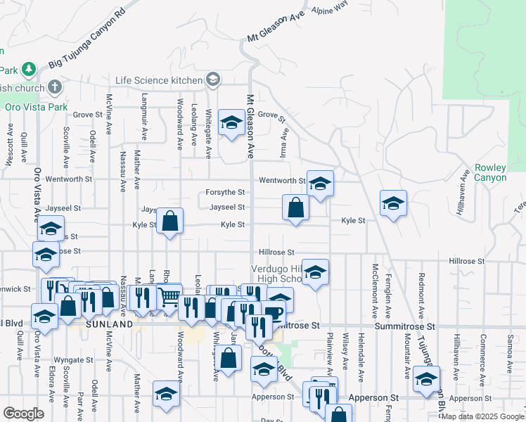 map of restaurants, bars, coffee shops, grocery stores, and more near 7752 Jayseel Street in Los Angeles