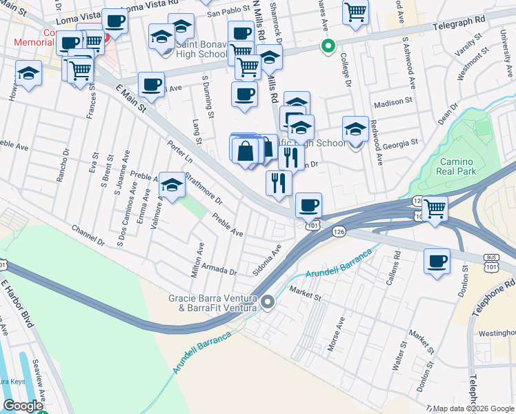map of restaurants, bars, coffee shops, grocery stores, and more near 3375 East Main Street in Ventura