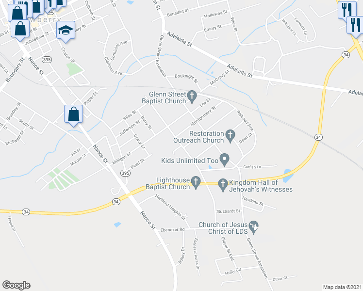 map of restaurants, bars, coffee shops, grocery stores, and more near 91 Player Street in Newberry