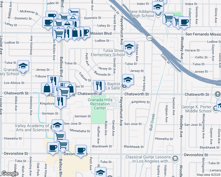 map of restaurants, bars, coffee shops, grocery stores, and more near 16642 Los Alimos Street in Los Angeles
