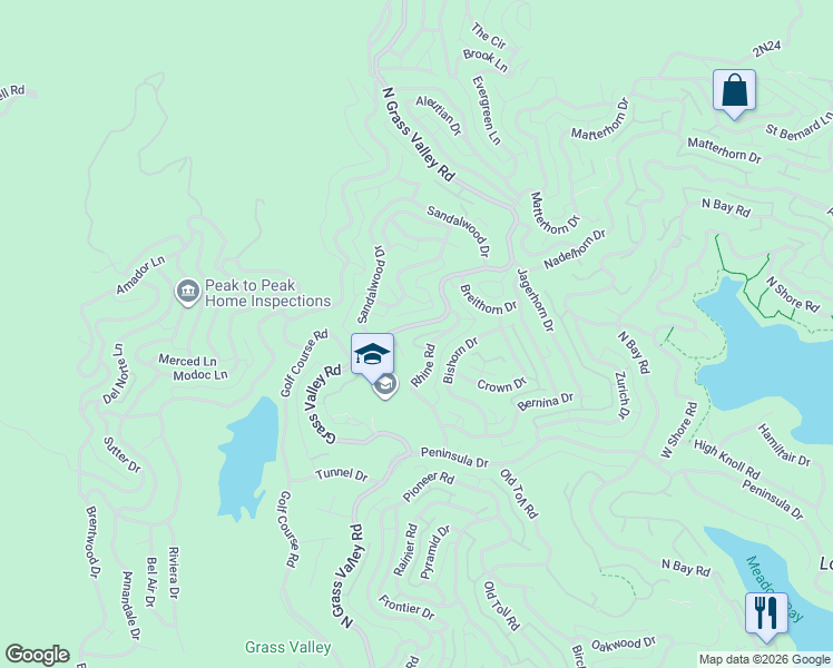 map of restaurants, bars, coffee shops, grocery stores, and more near 892 Grass Valley Road in Lake Arrowhead