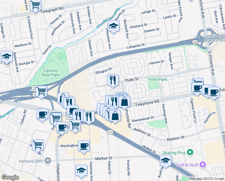 map of restaurants, bars, coffee shops, grocery stores, and more near 4862 Thille Street in Ventura