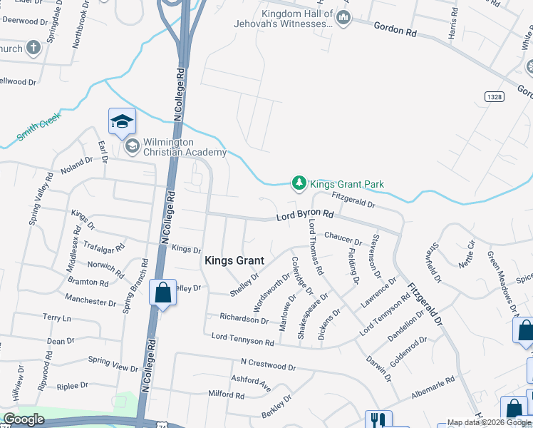 map of restaurants, bars, coffee shops, grocery stores, and more near 5013 Lord Byron Drive in Wilmington