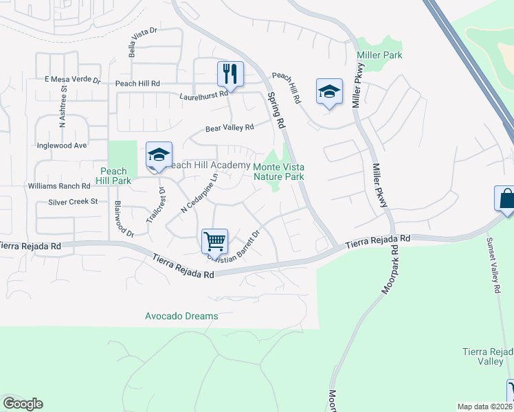 map of restaurants, bars, coffee shops, grocery stores, and more near 13831 Meeham Way in Moorpark