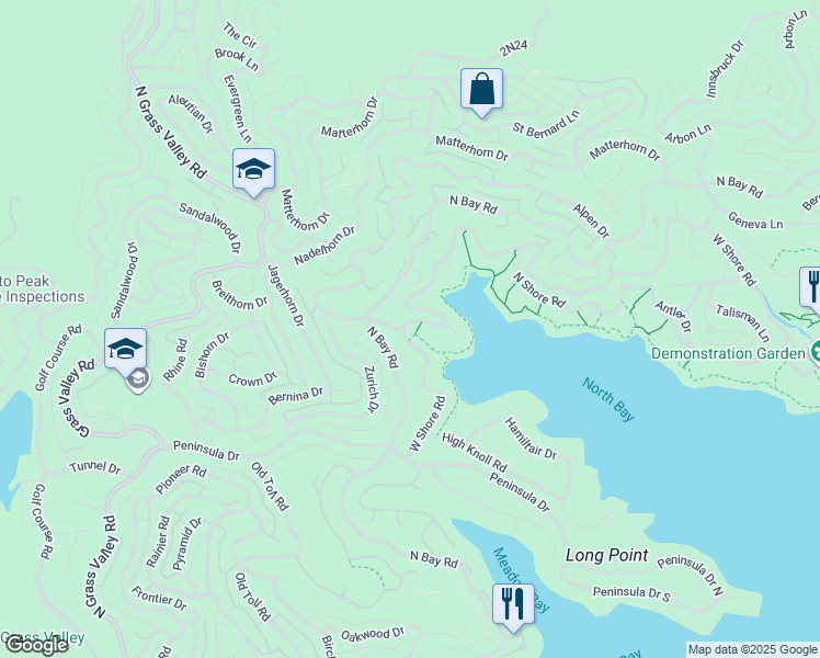 map of restaurants, bars, coffee shops, grocery stores, and more near 27547 West Shore Road in Lake Arrowhead