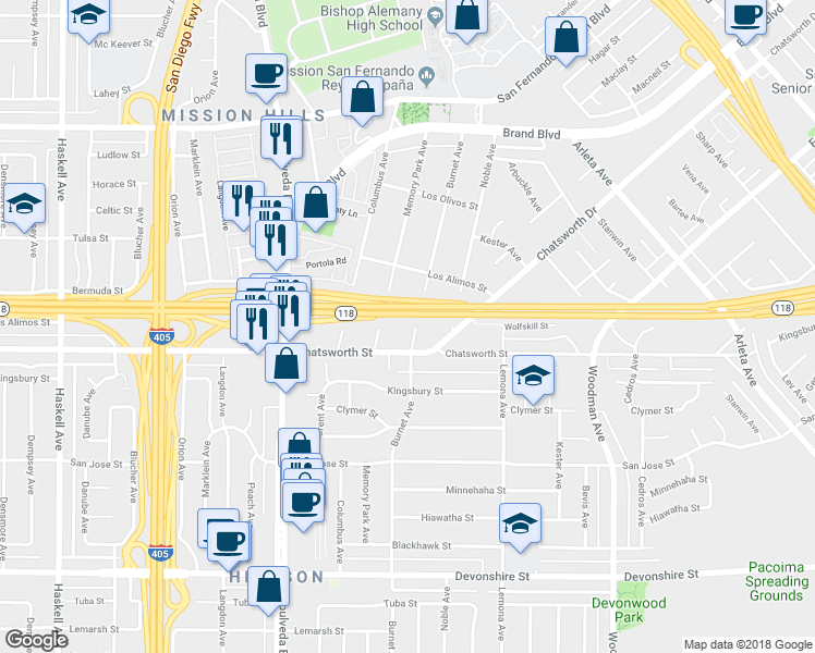 map of restaurants, bars, coffee shops, grocery stores, and more near 10727 Burnet Avenue in Los Angeles