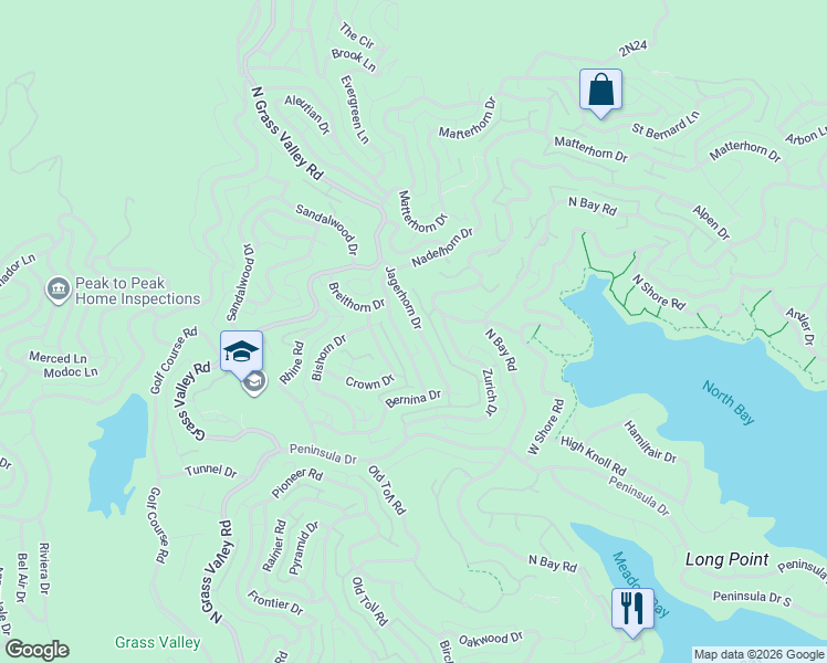 map of restaurants, bars, coffee shops, grocery stores, and more near 879 Jagerhorn Drive in Lake Arrowhead