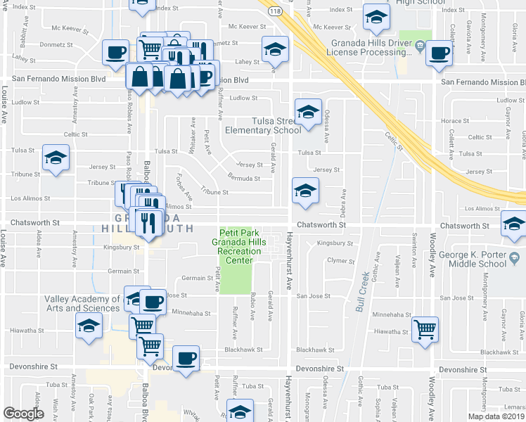 map of restaurants, bars, coffee shops, grocery stores, and more near 16642 Los Alimos Street in Los Angeles