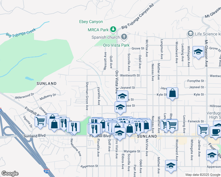 map of restaurants, bars, coffee shops, grocery stores, and more near 8430 Forsythe Street in Los Angeles