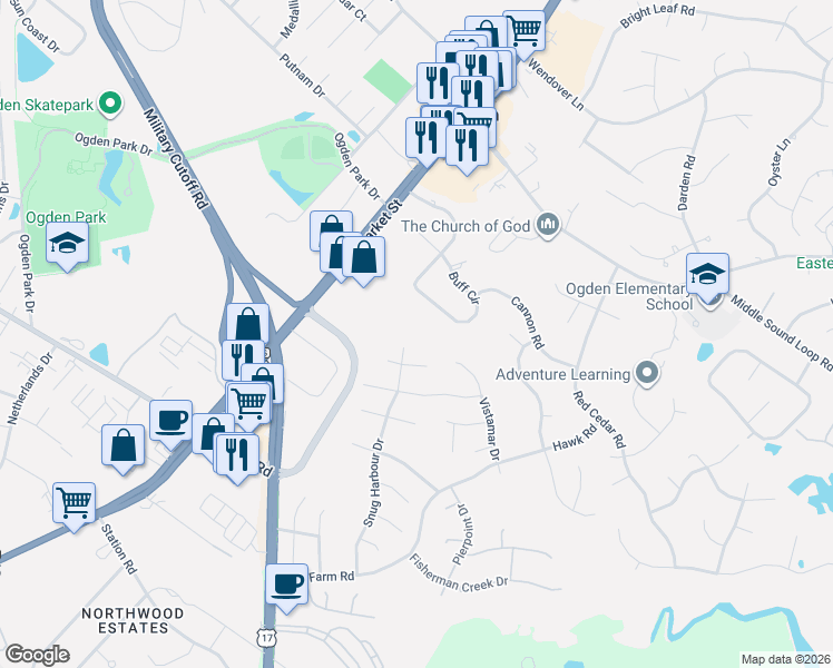 map of restaurants, bars, coffee shops, grocery stores, and more near 273 Buff Circle in Wilmington