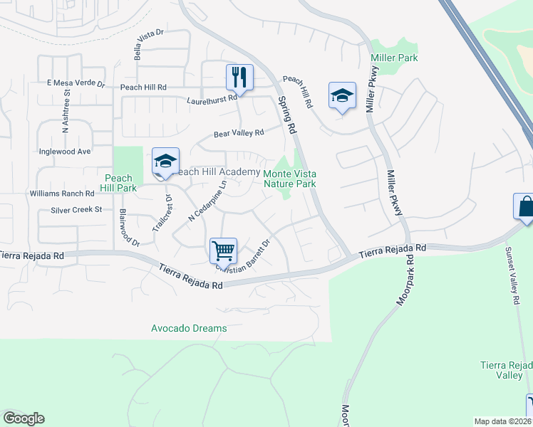 map of restaurants, bars, coffee shops, grocery stores, and more near 13831 Meeham Way in Moorpark