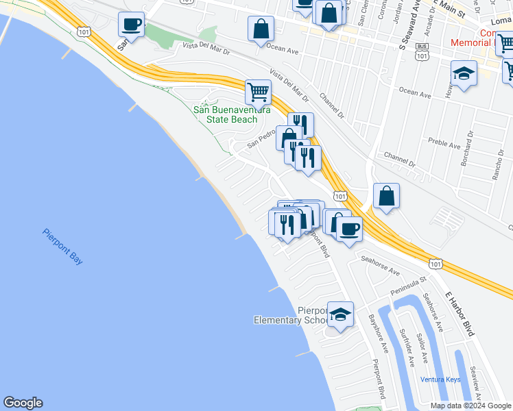 map of restaurants, bars, coffee shops, grocery stores, and more near 1065 Belfast Lane in Ventura