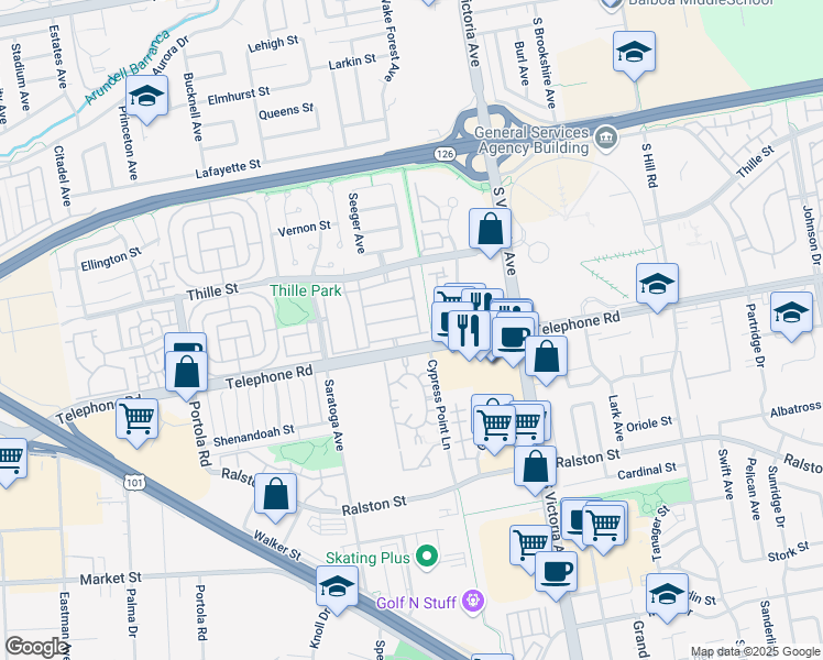 map of restaurants, bars, coffee shops, grocery stores, and more near 5603 Coltrane Street in Ventura