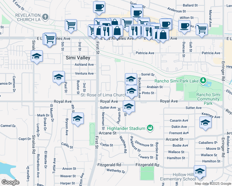 map of restaurants, bars, coffee shops, grocery stores, and more near 1459 Willowbrook Lane in Simi Valley