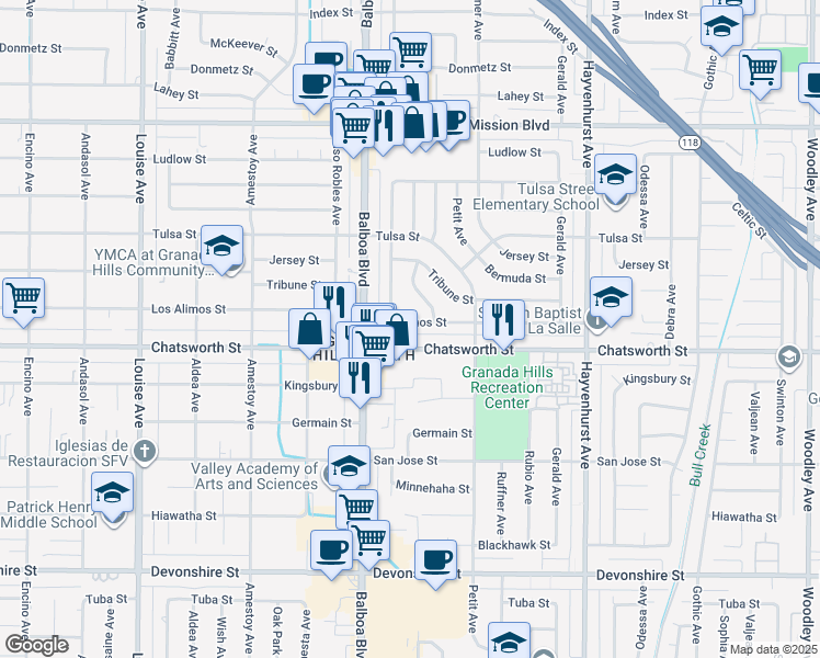 map of restaurants, bars, coffee shops, grocery stores, and more near 16908 Los Alimos Street in Los Angeles