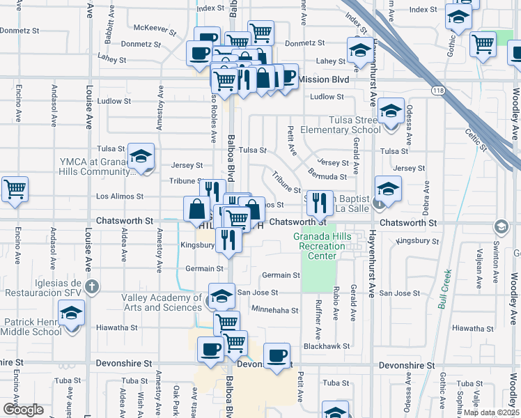 map of restaurants, bars, coffee shops, grocery stores, and more near 16908 Los Alimos Street in Los Angeles