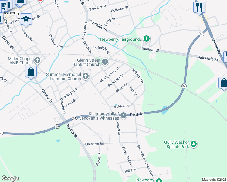 map of restaurants, bars, coffee shops, grocery stores, and more near 1908 Piedmont Street in Newberry