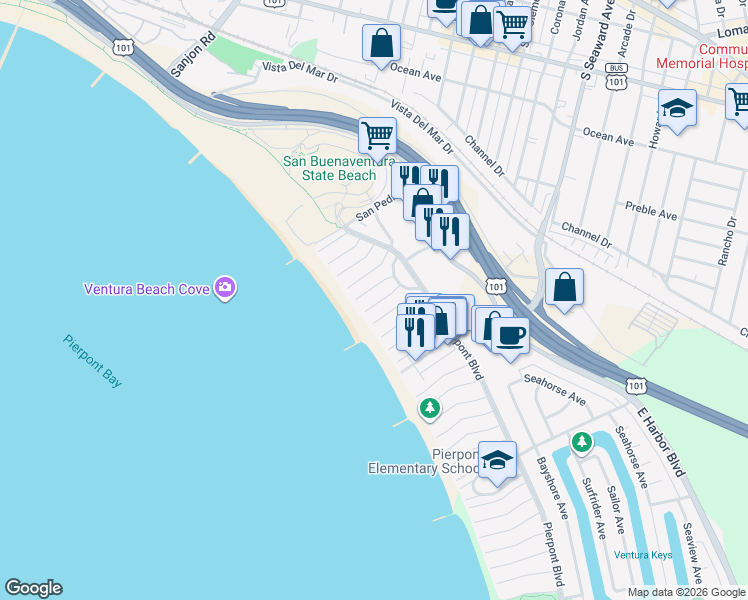 map of restaurants, bars, coffee shops, grocery stores, and more near 1065 Belfast Lane in Ventura