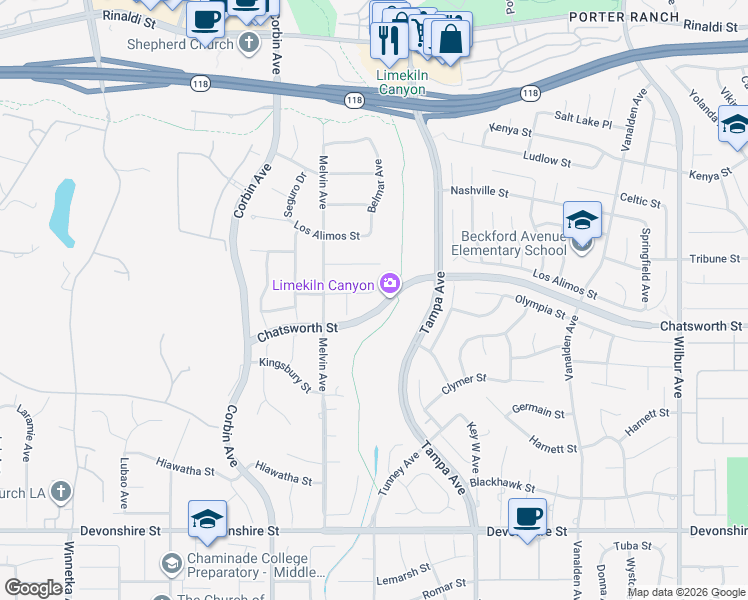 map of restaurants, bars, coffee shops, grocery stores, and more near 19520 Bermuda Street in Los Angeles