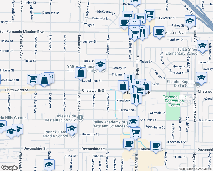 map of restaurants, bars, coffee shops, grocery stores, and more near 10717 Amestoy Avenue in Los Angeles