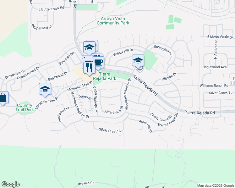 map of restaurants, bars, coffee shops, grocery stores, and more near 12029 Bubbling Brook Street in Moorpark