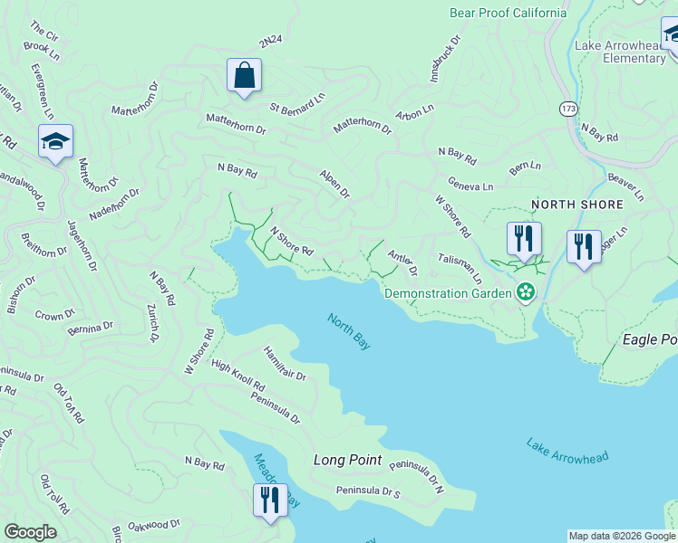 map of restaurants, bars, coffee shops, grocery stores, and more near in Lake Arrowhead