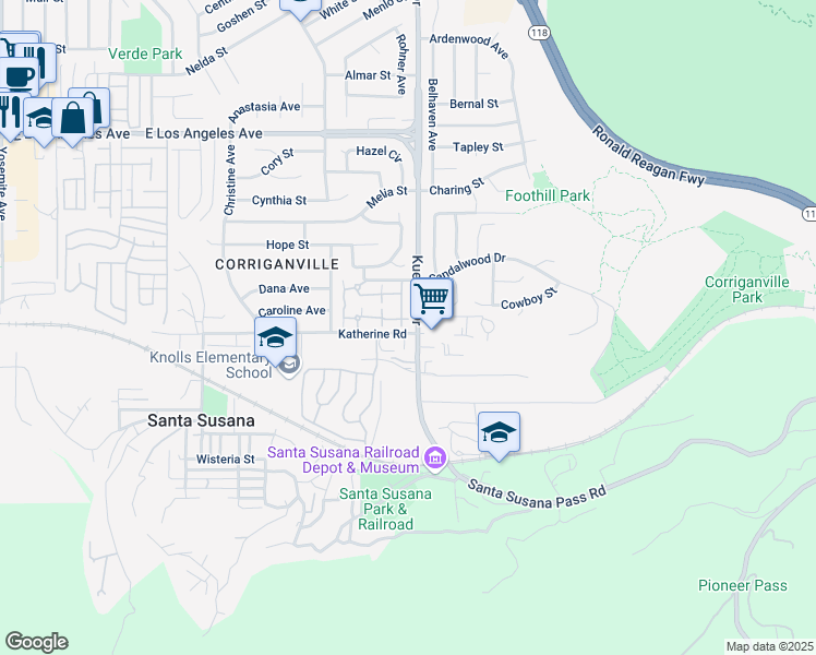 map of restaurants, bars, coffee shops, grocery stores, and more near 6542 Stoney View Lane in Simi Valley