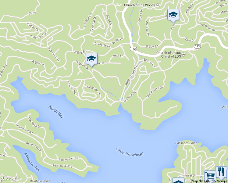 map of restaurants, bars, coffee shops, grocery stores, and more near 850 Willow Creek Road in Lake Arrowhead