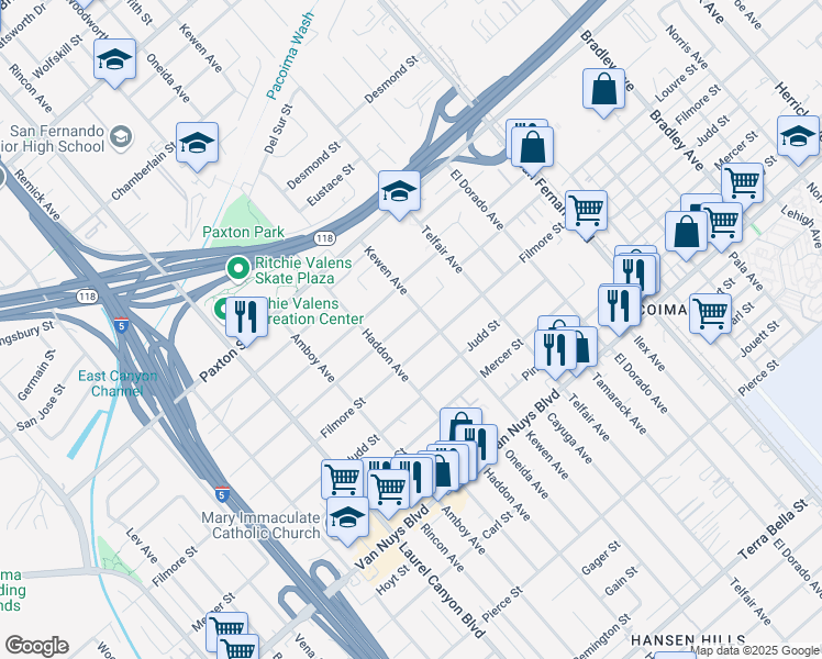 map of restaurants, bars, coffee shops, grocery stores, and more near 13720 Louvre Street in Los Angeles
