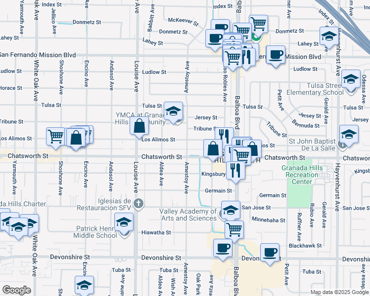 map of restaurants, bars, coffee shops, grocery stores, and more near 10717 Amestoy Avenue in Los Angeles