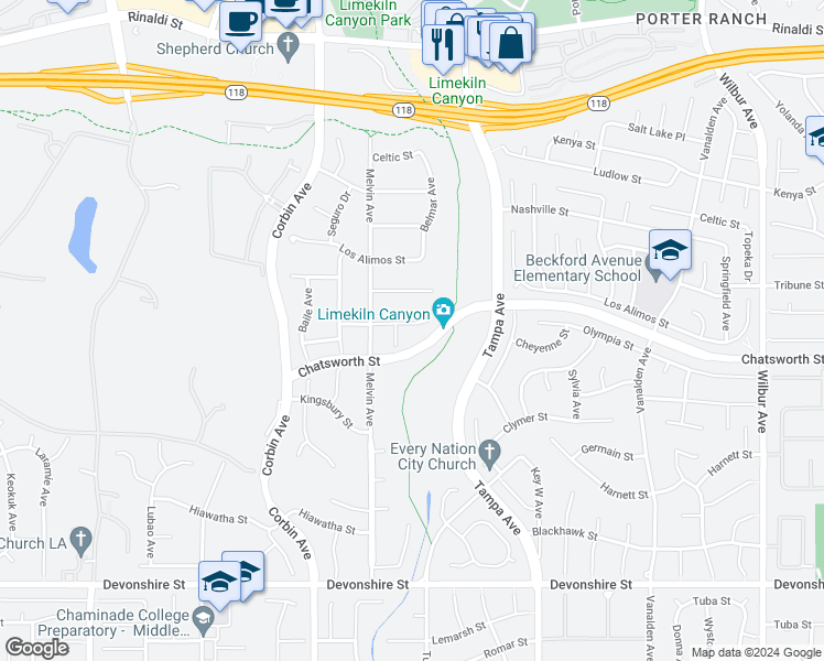 map of restaurants, bars, coffee shops, grocery stores, and more near 19532 Bermuda Street in Los Angeles
