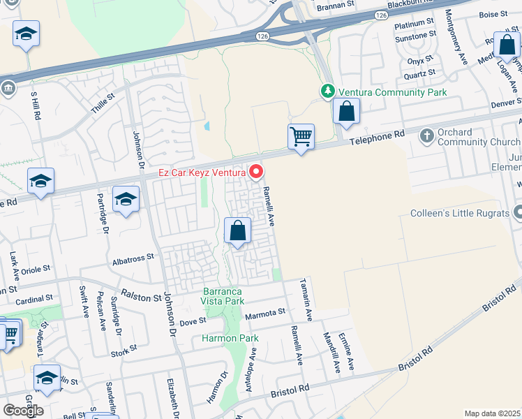 map of restaurants, bars, coffee shops, grocery stores, and more near 1347 Iguana Circle in Ventura