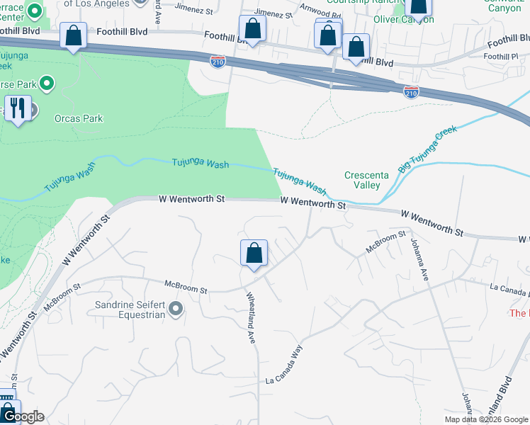 map of restaurants, bars, coffee shops, grocery stores, and more near 10755 Wheatland Avenue in Los Angeles