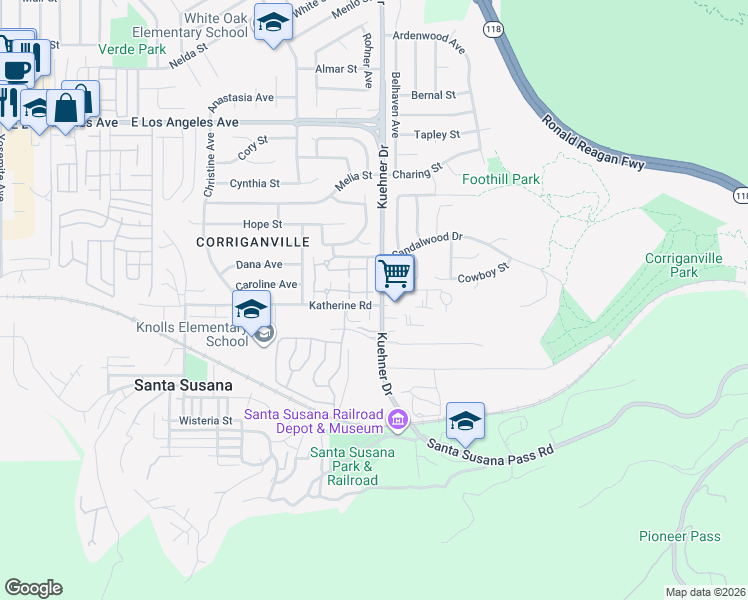 map of restaurants, bars, coffee shops, grocery stores, and more near 6542 Stoney View Lane in Simi Valley