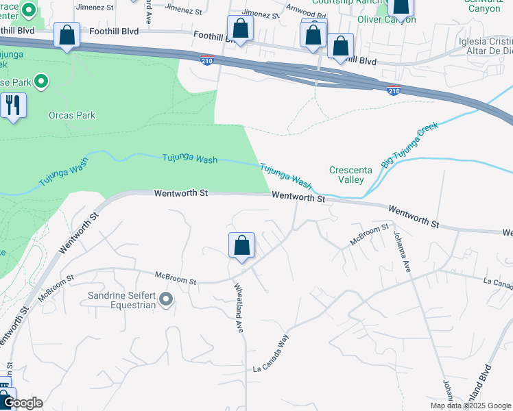 map of restaurants, bars, coffee shops, grocery stores, and more near 10763 Wheatland Avenue in Los Angeles