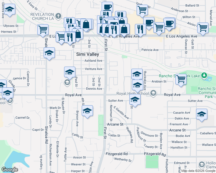 map of restaurants, bars, coffee shops, grocery stores, and more near 1481 First Street in Simi Valley