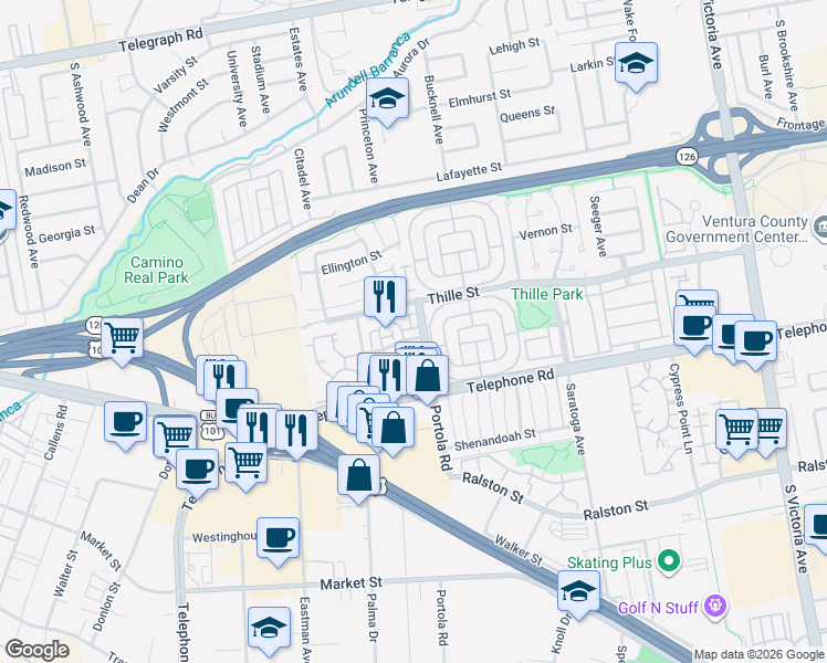 map of restaurants, bars, coffee shops, grocery stores, and more near 4987 Sullivan Street in Ventura